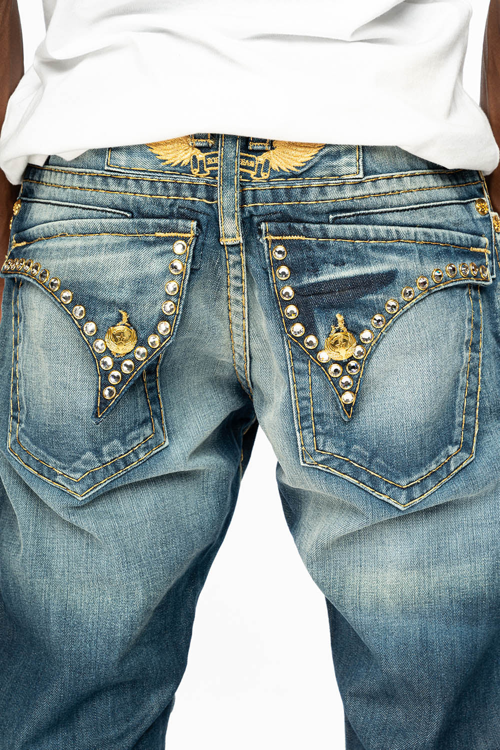 MENS LONG FLAP SLIM JEANS IN BLUE ALBANY DARK WASH WITH CLEAR CRYSTALS - Image 5