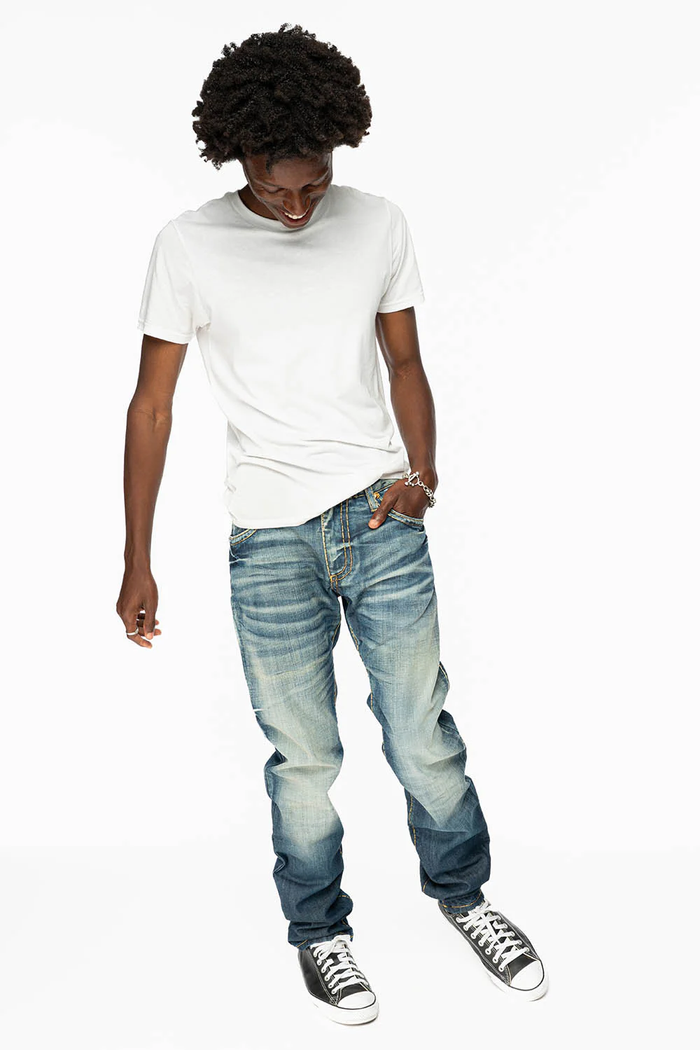 MENS LONG FLAP SLIM JEANS IN BLUE ALBANY DARK WASH WITH CLEAR CRYSTALS - Image 6