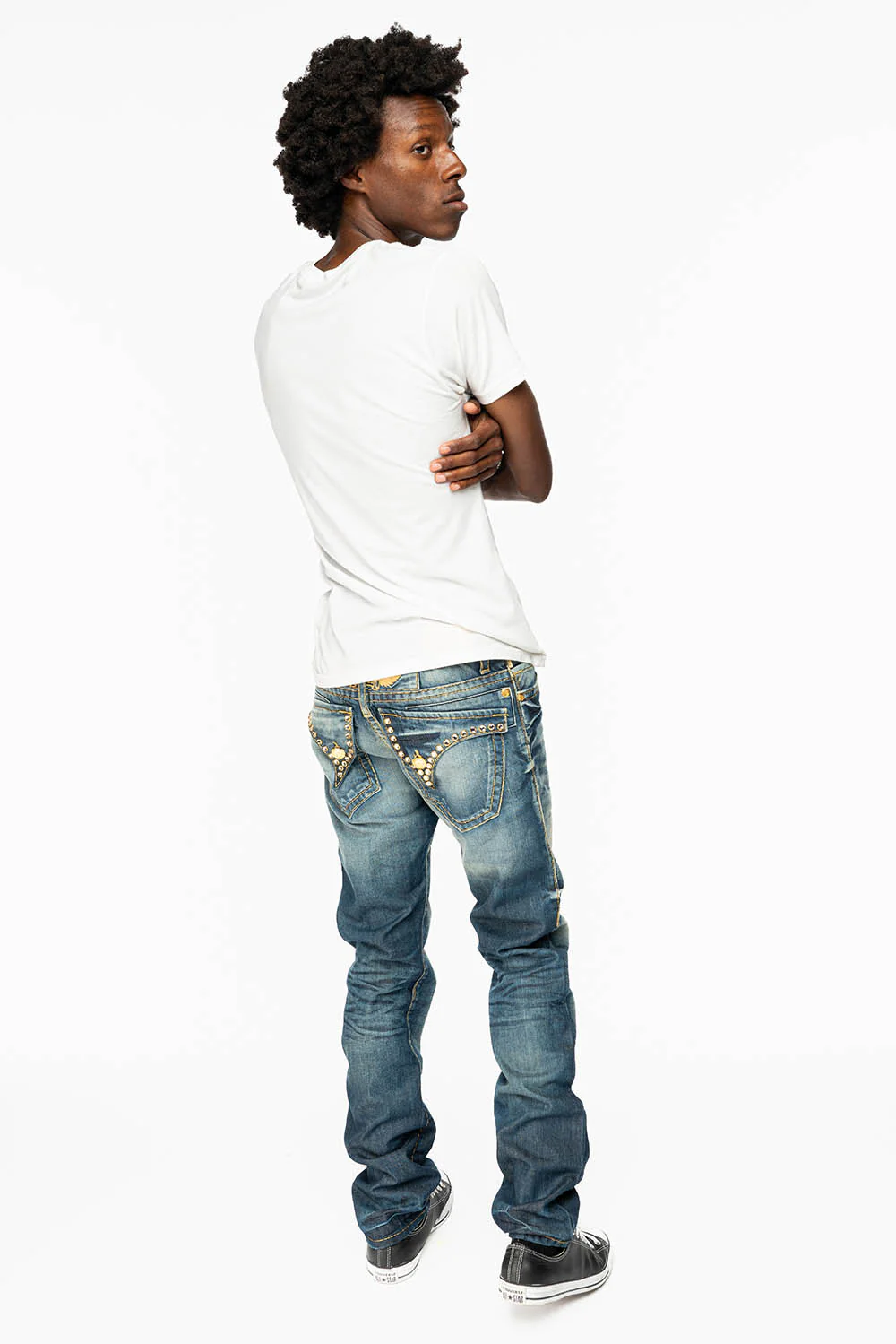 MENS LONG FLAP SLIM JEANS IN BLUE ALBANY DARK WASH WITH CLEAR CRYSTALS - Image 8