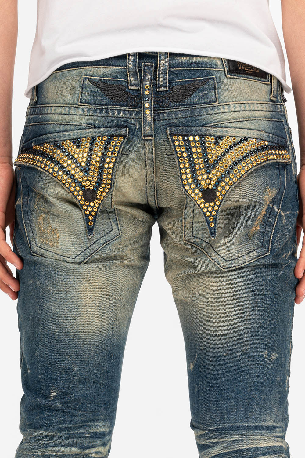 CROSSED OUT LONG FLAP MENS JEANS WITH CRYSTALS IN 4D DARK BROKEN - Image 3