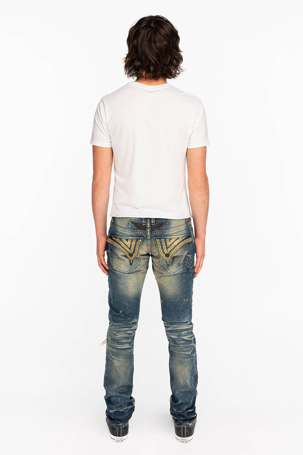 CROSSED OUT LONG FLAP MENS JEANS WITH CRYSTALS IN 4D DARK BROKEN - Image 4