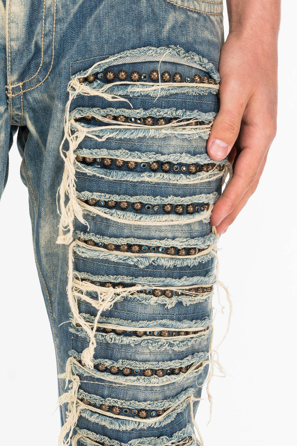MARLON SLIM DESTROY WASHED DENIM JEANS IN BOSTON BLUE WITH STUDS AND CRYSTALS - Image 2