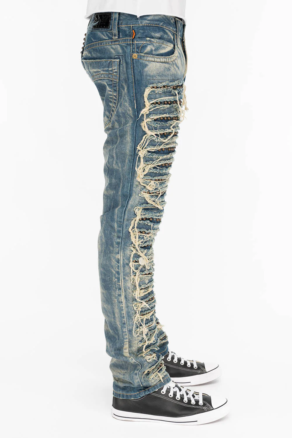 MARLON SLIM DESTROY WASHED DENIM JEANS IN BOSTON BLUE WITH STUDS AND CRYSTALS - Image 3