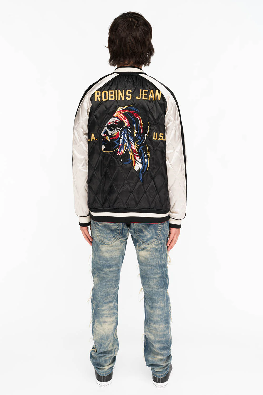 MARLON SLIM DESTROY WASHED DENIM JEANS IN BOSTON BLUE WITH STUDS AND CRYSTALS - Image 5