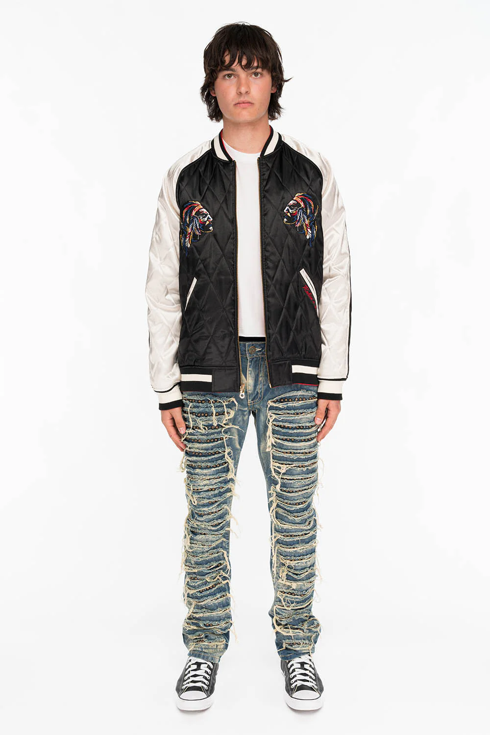 MARLON SLIM DESTROY WASHED DENIM JEANS IN BOSTON BLUE WITH STUDS AND CRYSTALS - Image 6
