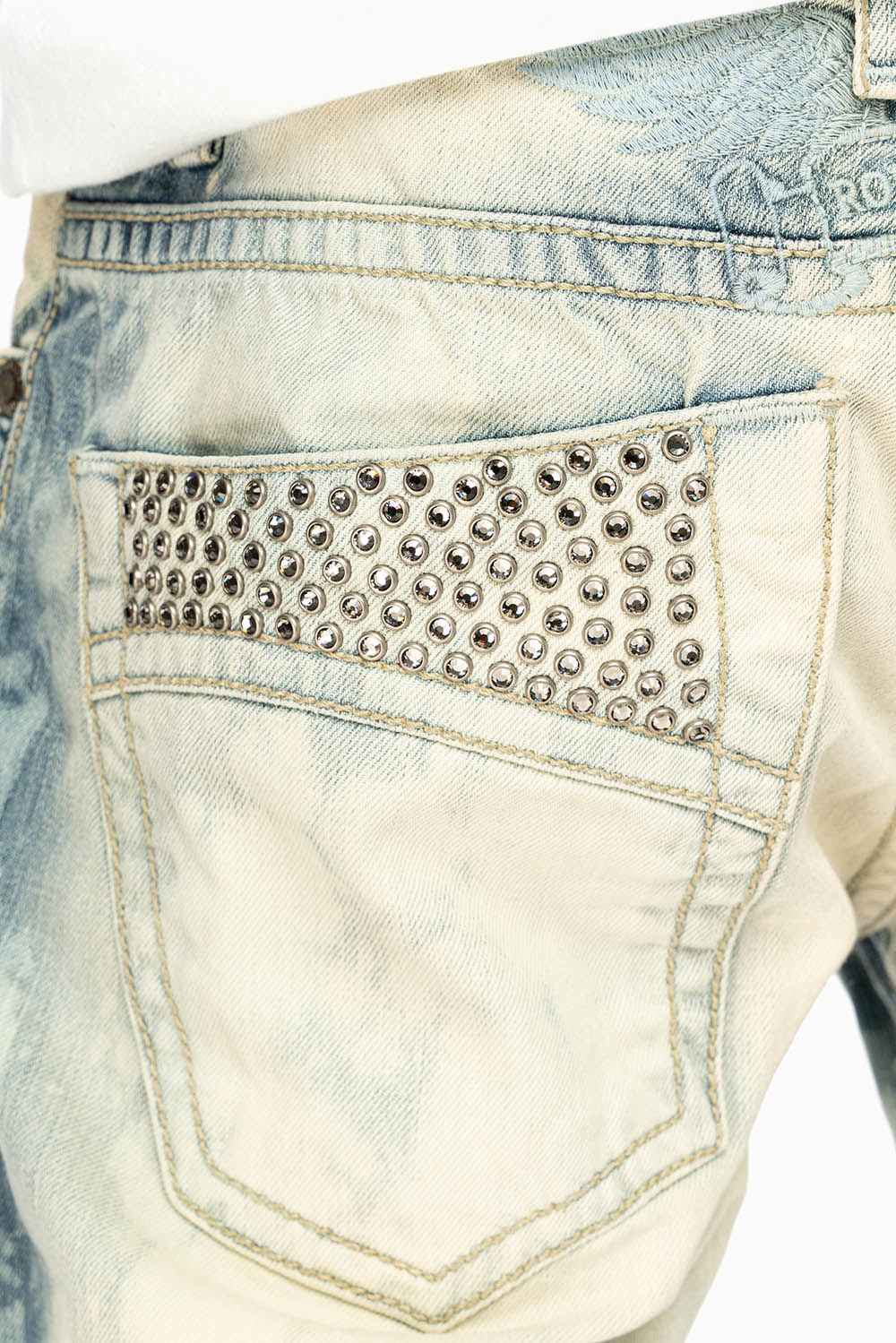 MENS CLASSIC 5 POCKET STRAIGHT LEG JEANS IN JAPAN MEDIUM WASH WITH BLACK DIAMOND CRYSTALS - Image 2