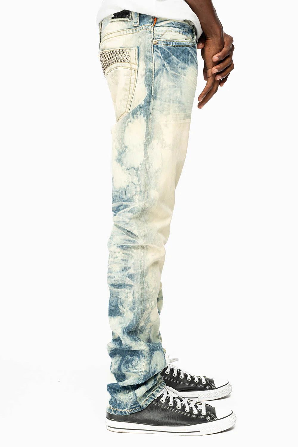MENS CLASSIC 5 POCKET STRAIGHT LEG JEANS IN JAPAN MEDIUM WASH WITH BLACK DIAMOND CRYSTALS - Image 3