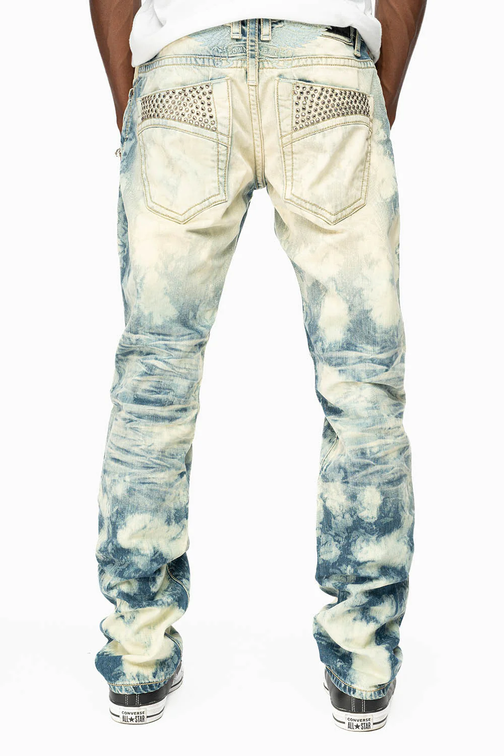 MENS CLASSIC 5 POCKET STRAIGHT LEG JEANS IN JAPAN MEDIUM WASH WITH BLACK DIAMOND CRYSTALS - Image 4