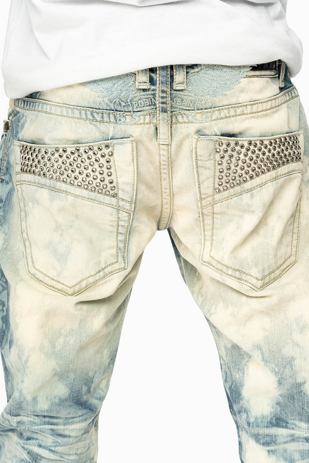 MENS CLASSIC 5 POCKET STRAIGHT LEG JEANS IN JAPAN MEDIUM WASH WITH BLACK DIAMOND CRYSTALS - Image 5