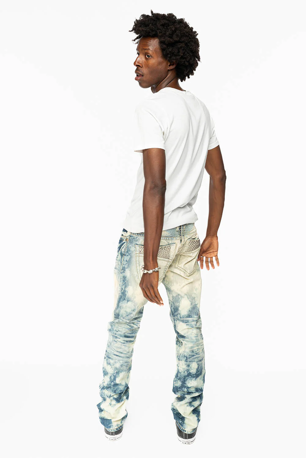 MENS CLASSIC 5 POCKET STRAIGHT LEG JEANS IN JAPAN MEDIUM WASH WITH BLACK DIAMOND CRYSTALS - Image 6