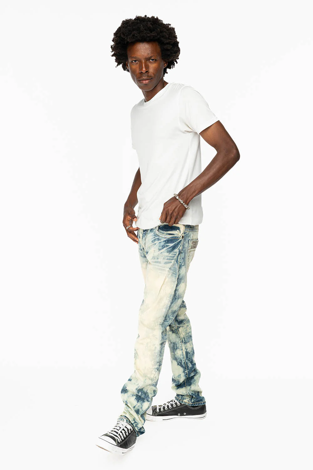 MENS CLASSIC 5 POCKET STRAIGHT LEG JEANS IN JAPAN MEDIUM WASH WITH BLACK DIAMOND CRYSTALS - Image 7