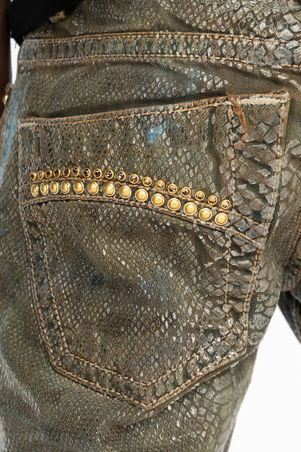 MENS CLASSIC 5 POCKET STRAIGHT LEG JEANS IN REPTILE WASH WITH STUDS AND CRYSTALS - Image 5