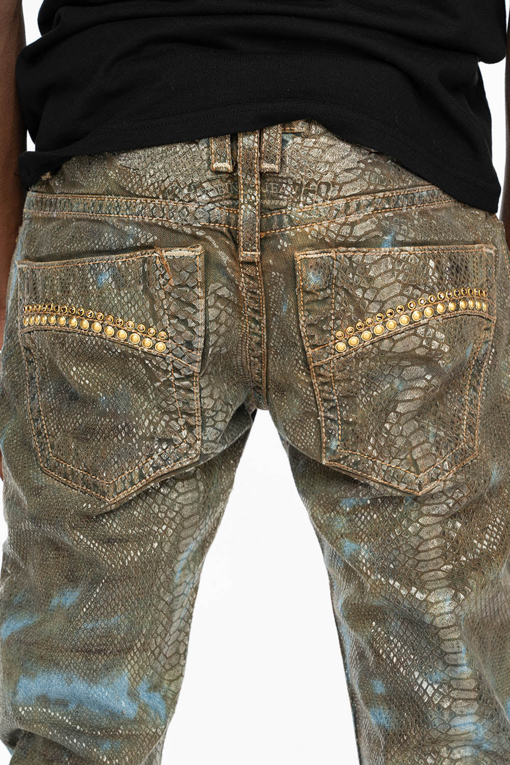 MENS CLASSIC 5 POCKET STRAIGHT LEG JEANS IN REPTILE WASH WITH STUDS AND CRYSTALS - Image 6