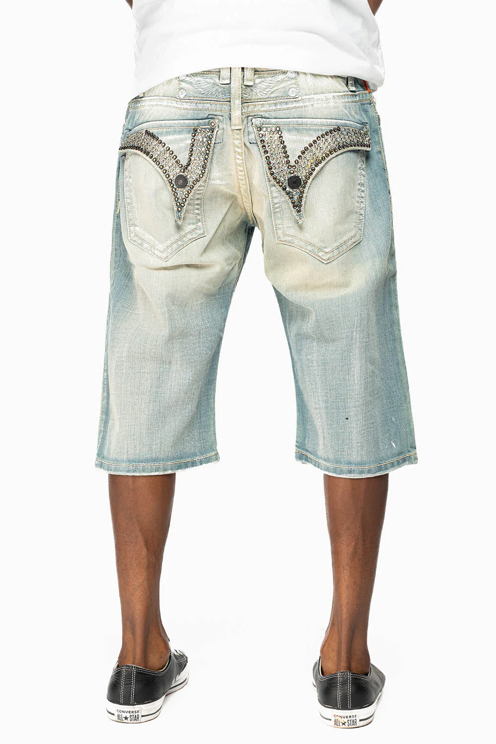 MENS SHORTS WITH KILLER FLAP POCKETS IN GARAGE LIGHT WASH WITH STUDS AND CRYSTALS - Image 3