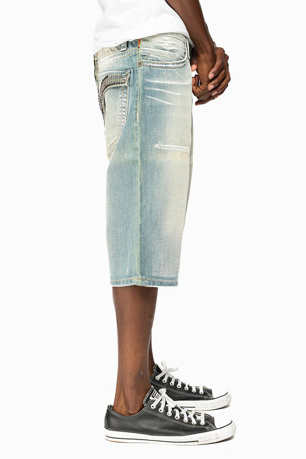 MENS SHORTS WITH KILLER FLAP POCKETS IN GARAGE LIGHT WASH WITH STUDS AND CRYSTALS - Image 4