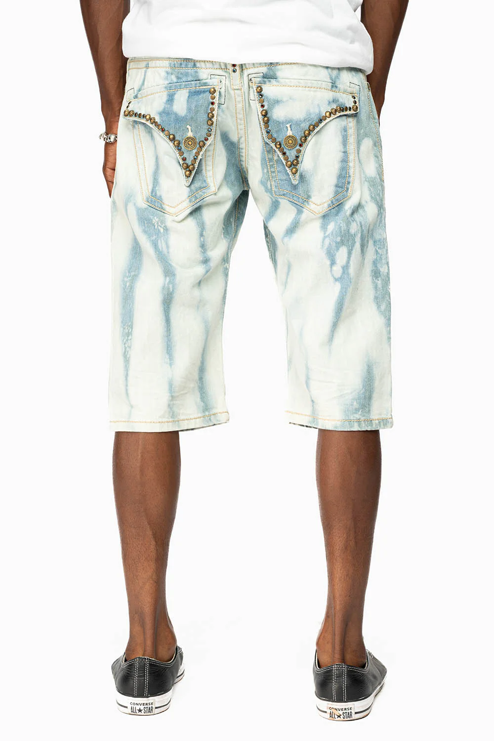 MENS DESTROYED SHORTS WITH KILLER FLAP POCKET IN FLORENCE WASH WITH STUDS AND CRYSTALS - Image 4