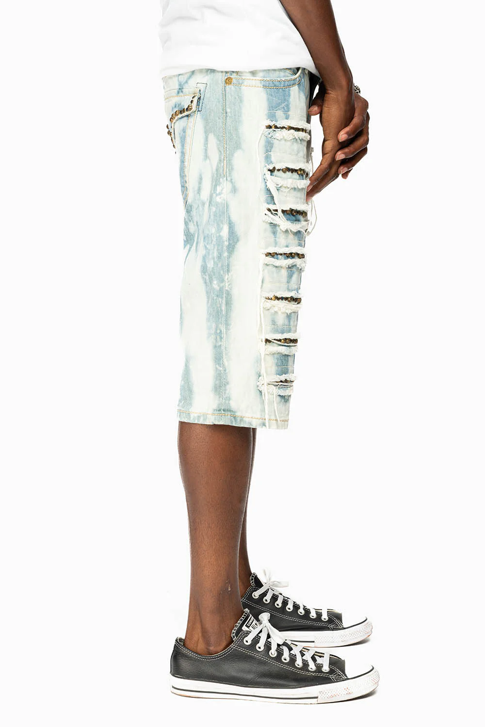MENS DESTROYED SHORTS WITH KILLER FLAP POCKET IN FLORENCE WASH WITH STUDS AND CRYSTALS - Image 5