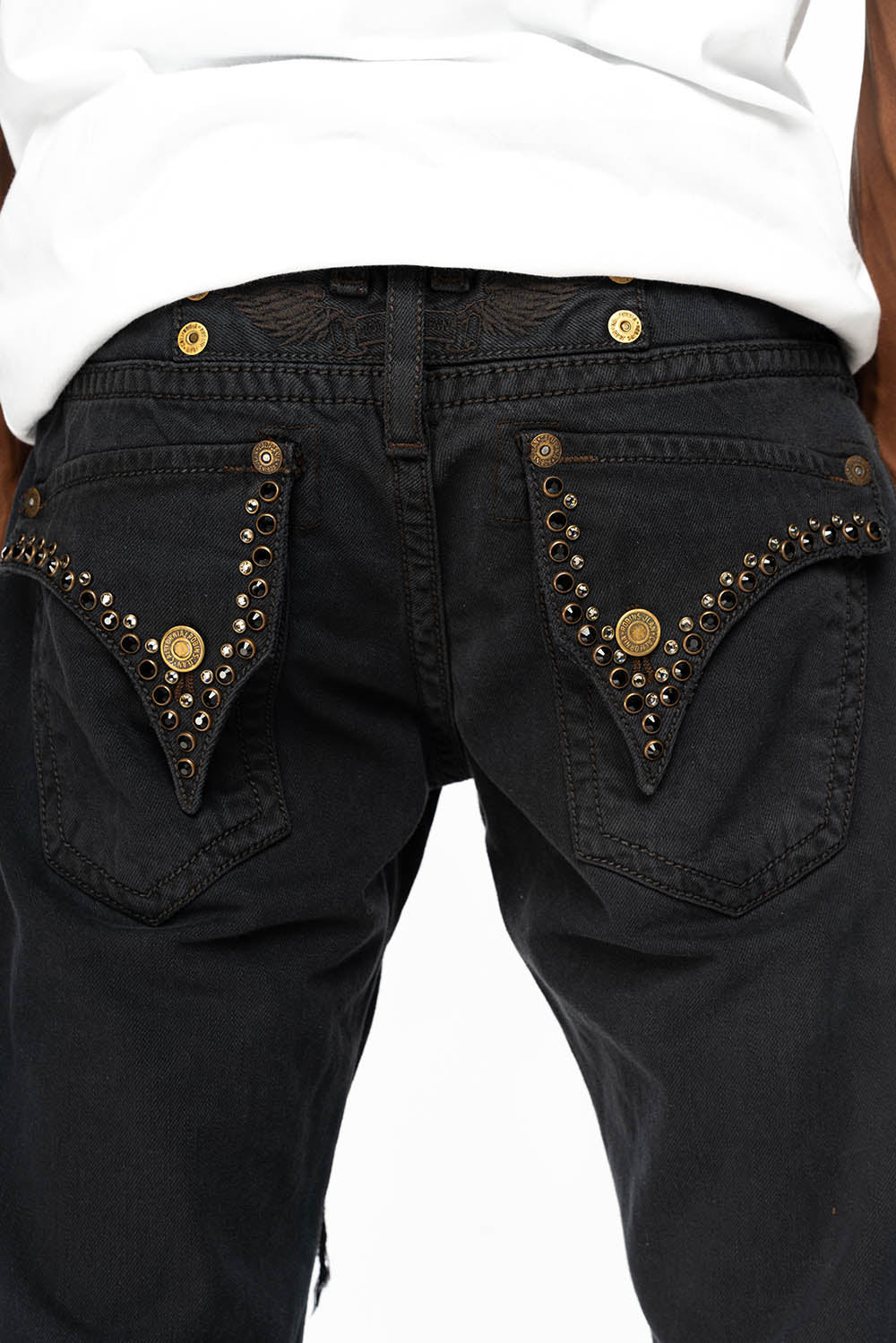 MENS DESTROYED SHORTS WITH KILLER FLAP POCKET IN OVERDYE BLACK WASH WITH CRYSTALS - Image 3