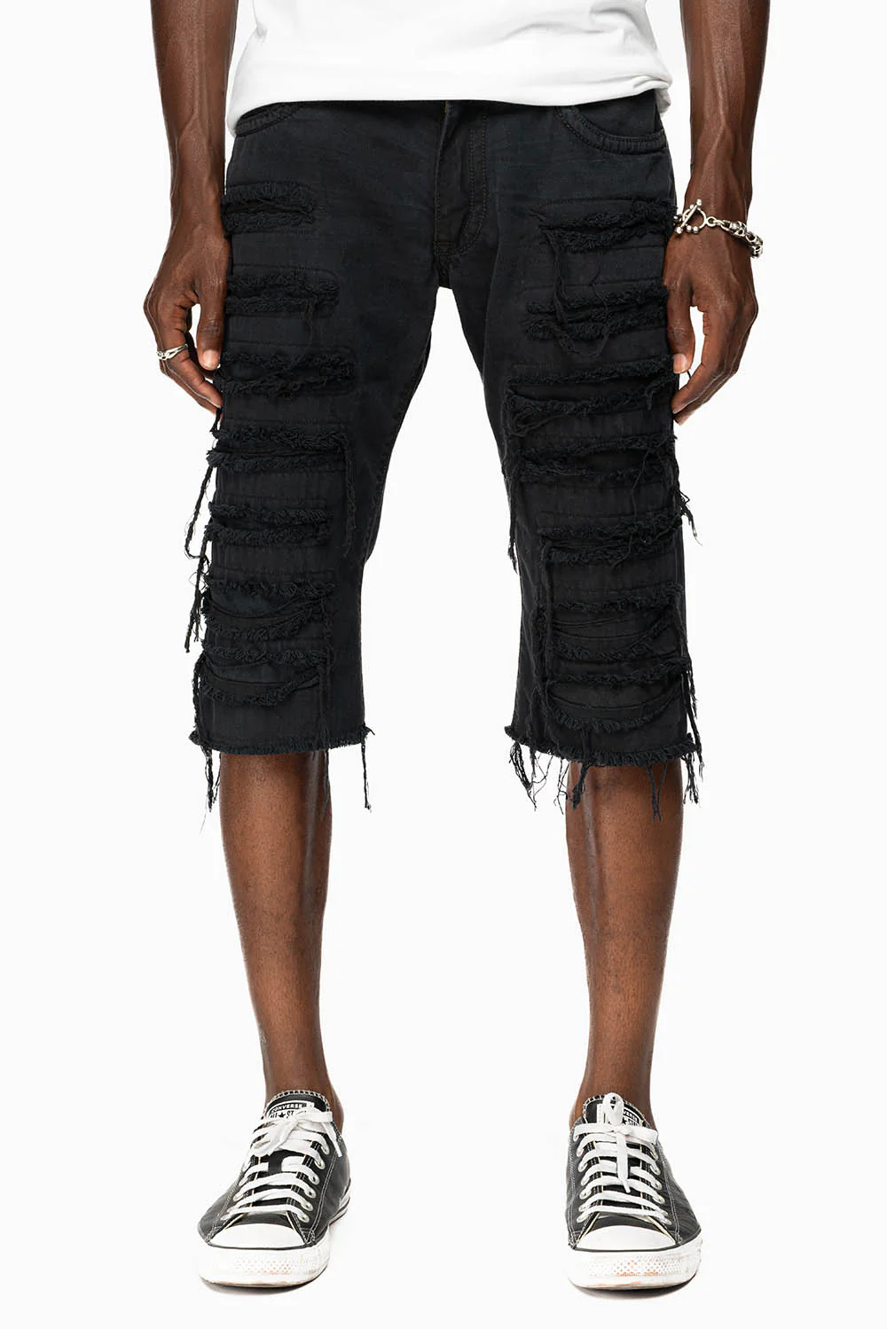 MENS DESTROYED SHORTS WITH KILLER FLAP POCKET IN OVERDYE BLACK WASH WITH CRYSTALS - Image 5