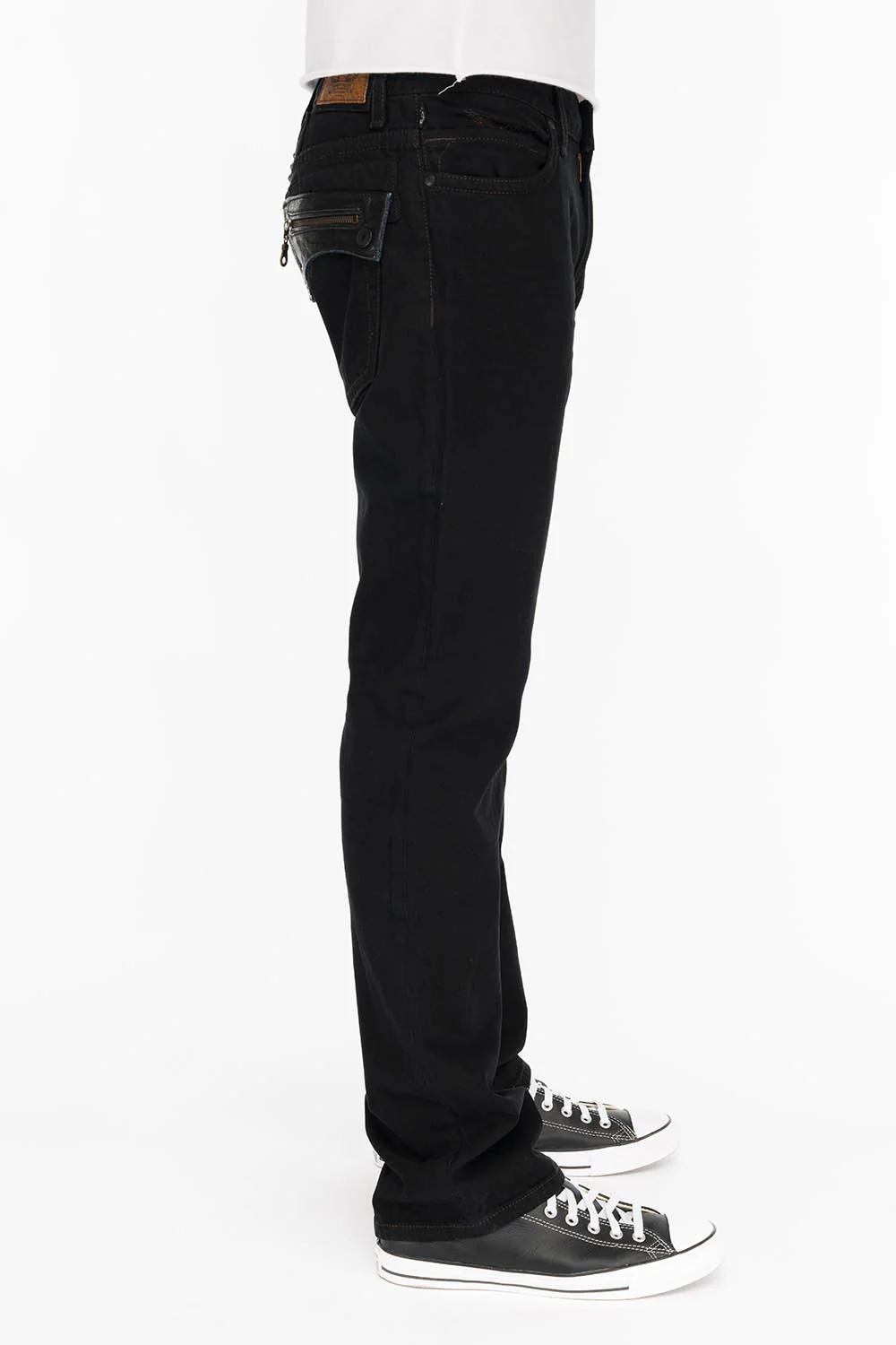 MENS LEATHER FLAP POCKET STRAIGHT LEG JEANS IN BLK - Image 3