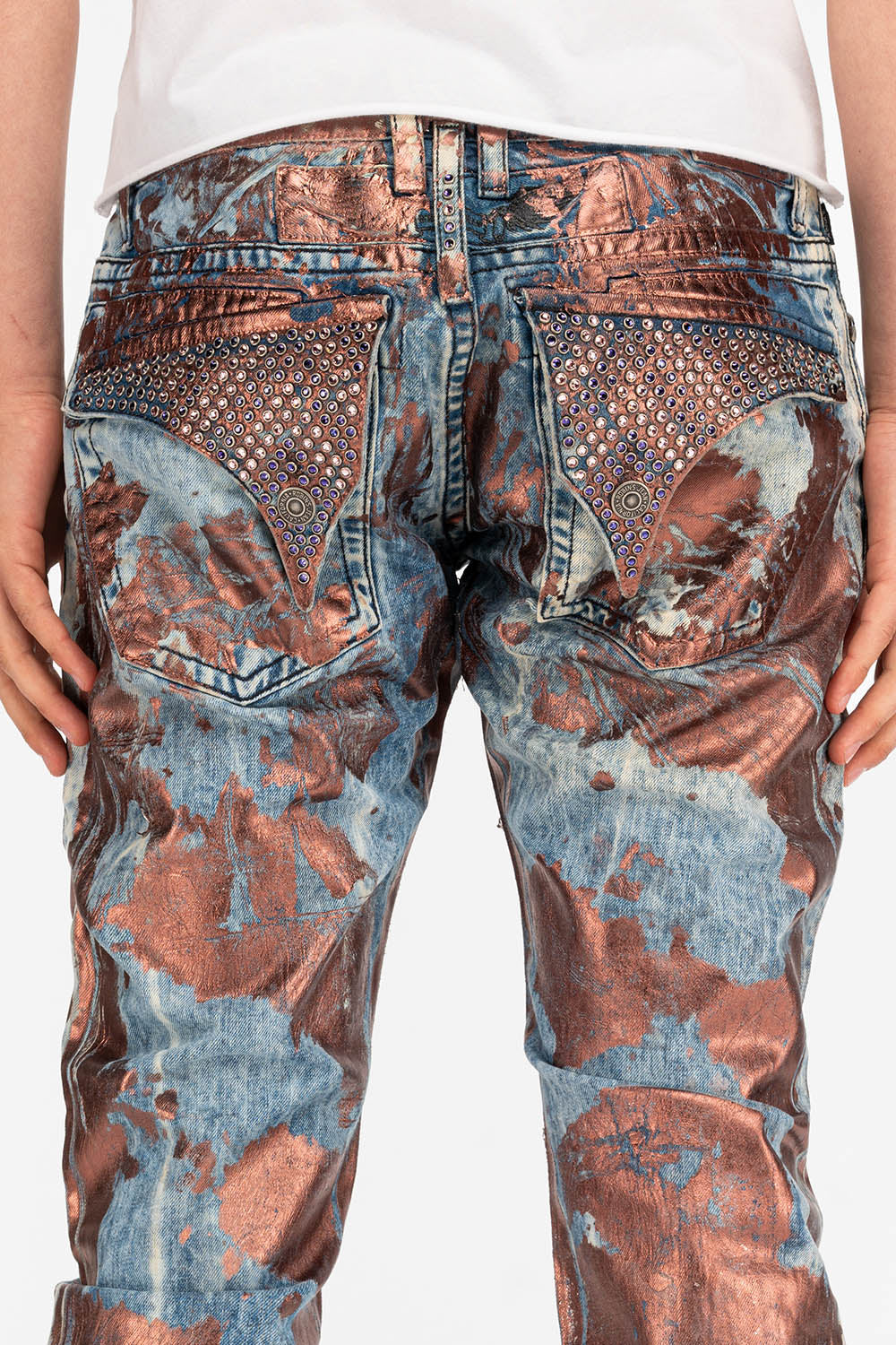 MENS LONG FLAP SLIM JEANS IN GOOD TIME COPPER WITH CRYSTALS - Image 4