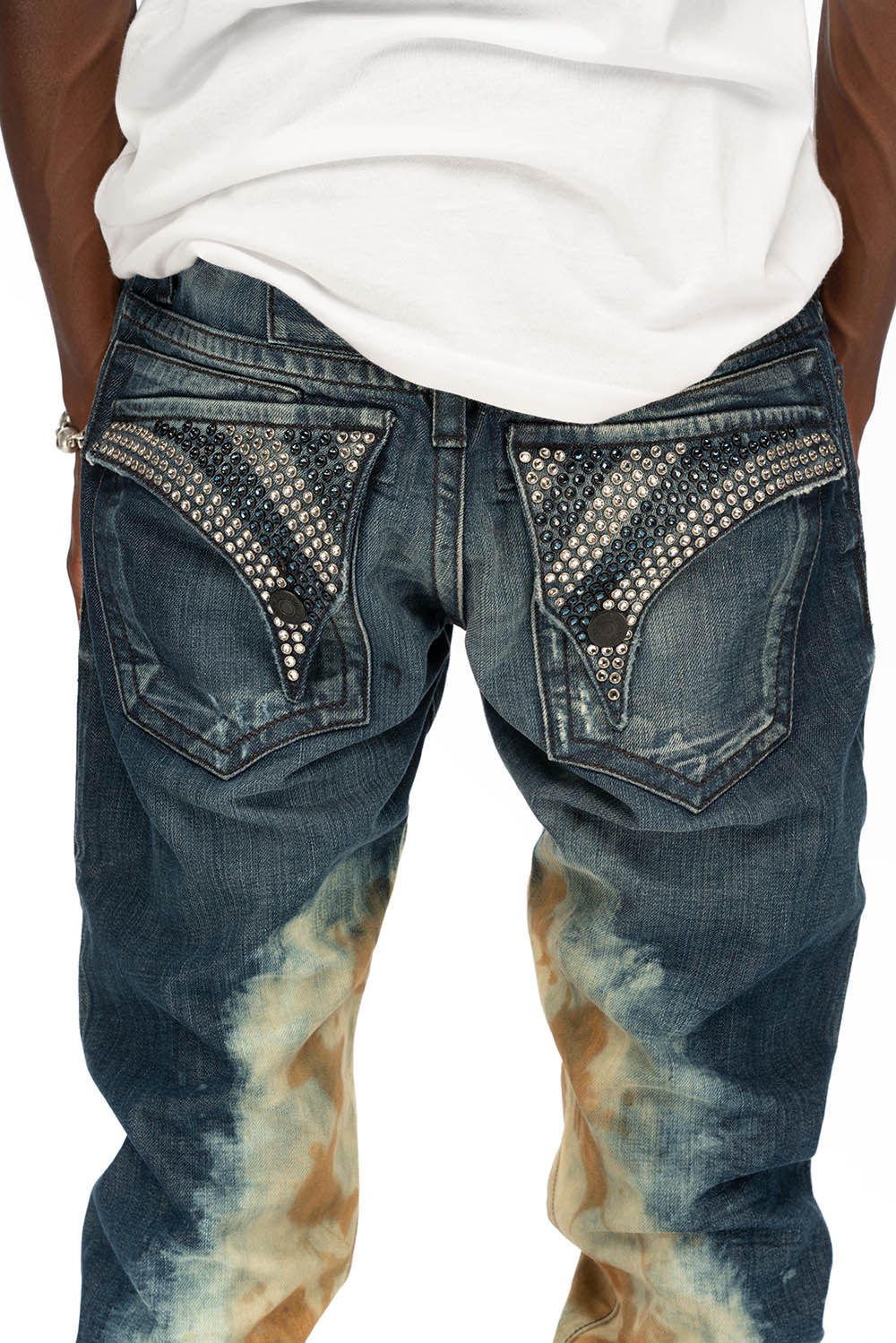 MENS LONG FLAP SLIM JEANS WITH CRYSTALS IN HYPER WASH - Image 2