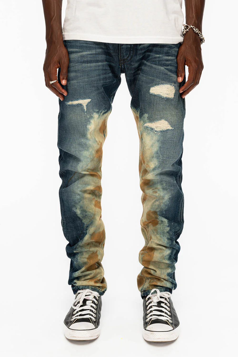 MENS LONG FLAP SLIM JEANS WITH CRYSTALS IN HYPER WASH - Image 3