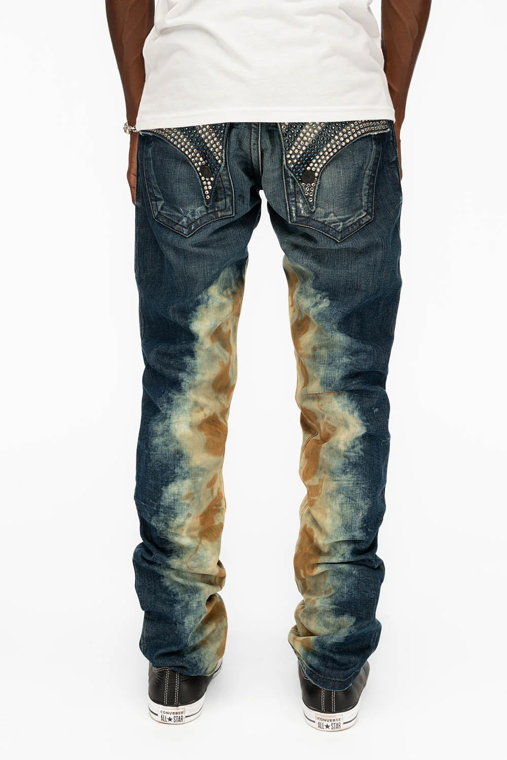 MENS LONG FLAP SLIM JEANS WITH CRYSTALS IN HYPER WASH - Image 4