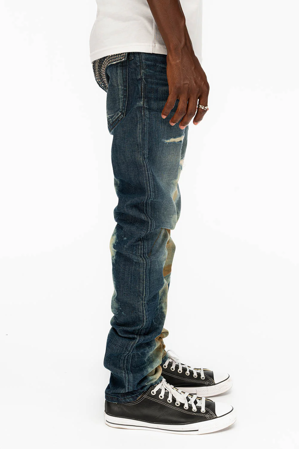 MENS LONG FLAP SLIM JEANS WITH CRYSTALS IN HYPER WASH - Image 5