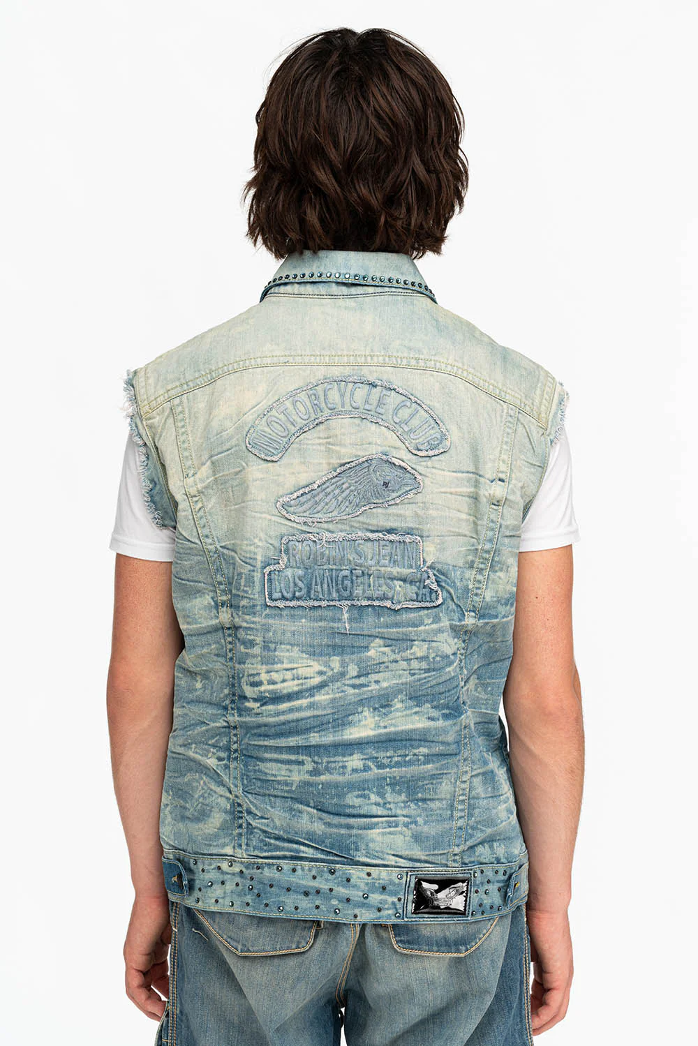 RAW EDGE VEST IN MEDIUM WASH WITH BLACK CRYSTALS - Image 3