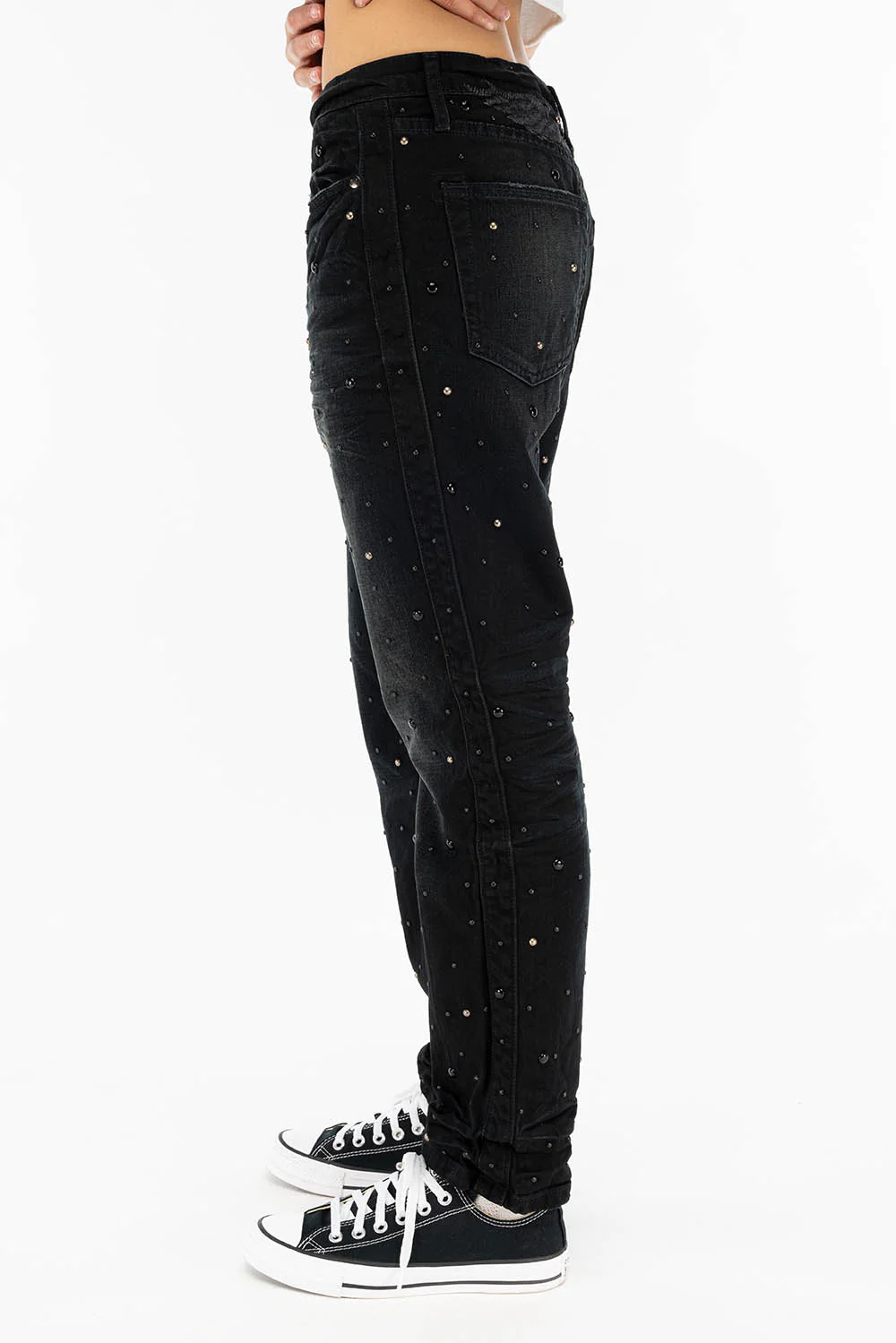 BOYFRIEND JEANS IN F_ED UP BLACK BROKEN WASH WITH BLACK AND SILVER STUDS - Image 4