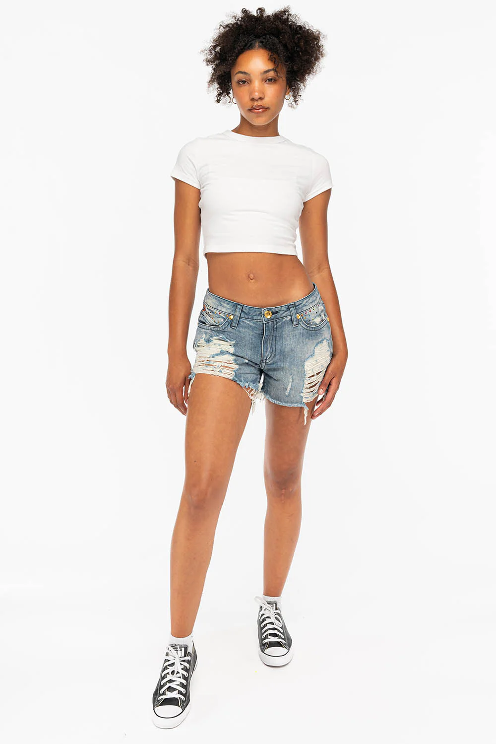 DESTROYED DENIM SHORTS WITH MULITCOLR CRYSTALS IN BLUE - Image 7
