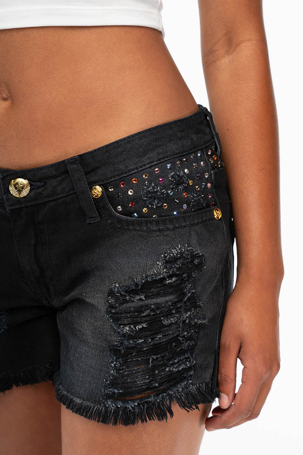 DESTROYED DENIM SHORTS WITH MULITCOLR CRYSTALS IN BLACK - Image 5