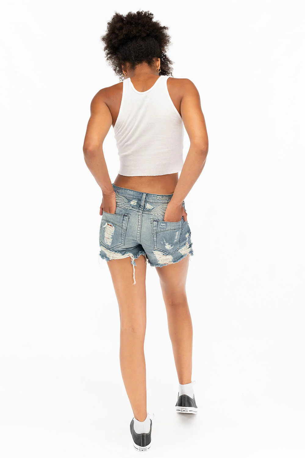 DESTROYED DENIM SHORTS WITH CRYSTALS AND STUDS IN BLUE - Image 7