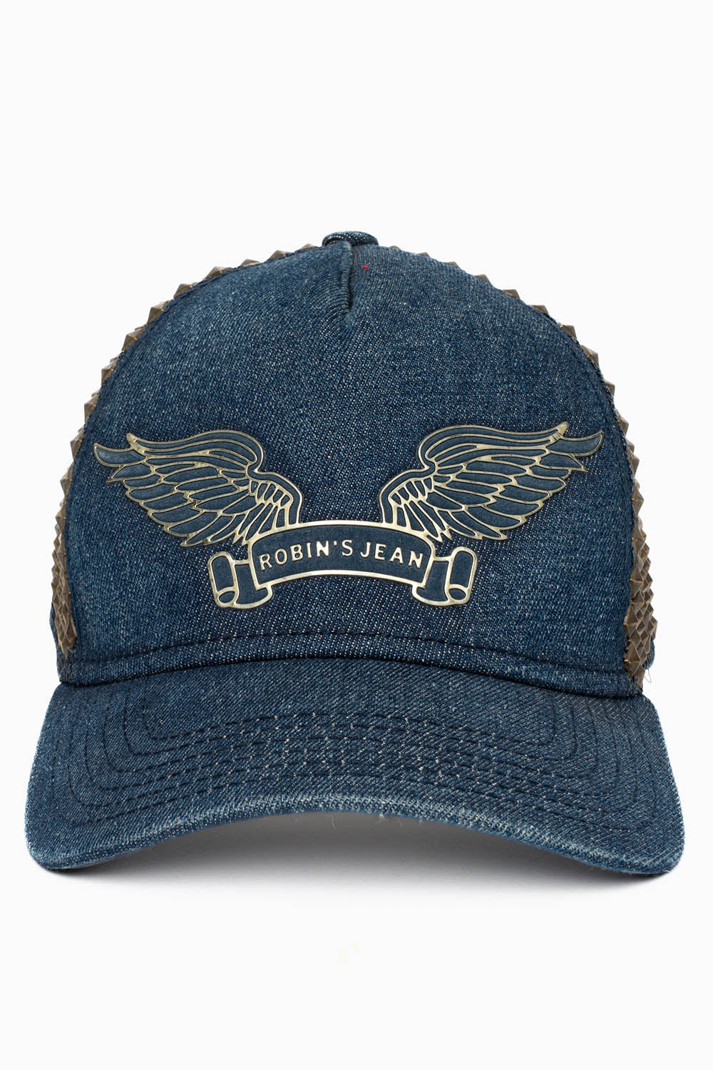 DENIM CAP WITH FULL ANTIQUE BRASS PYRAMID STUDS - Image 3