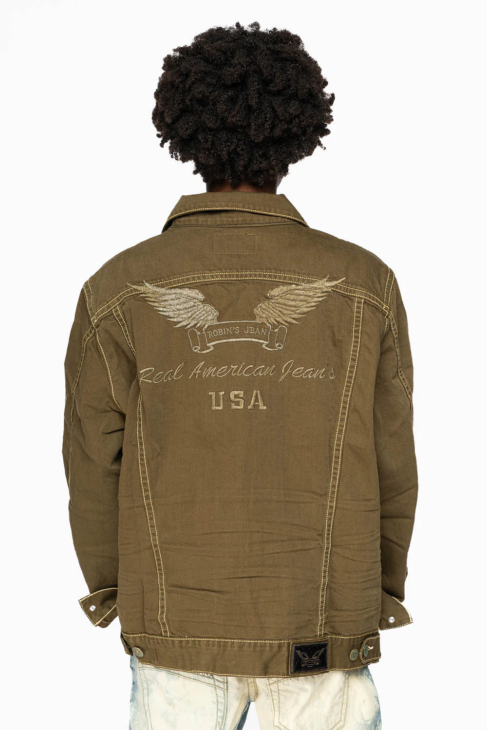 DRK GREEN JEAN JACKET EMBELISHED WITH CLEAR CRYSTALS AND PYRAMID - Image 5