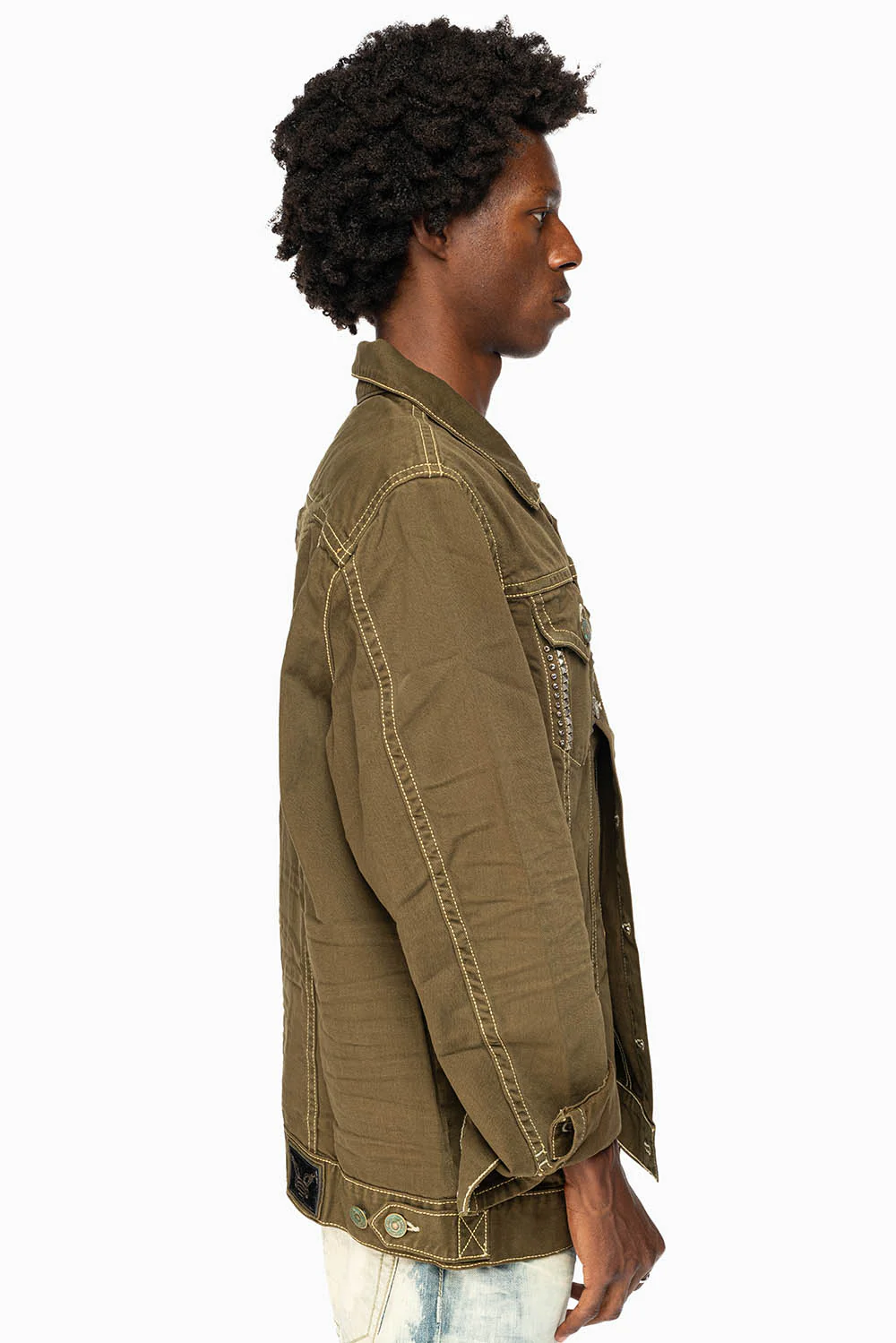 DRK GREEN JEAN JACKET EMBELISHED WITH CLEAR CRYSTALS AND PYRAMID - Image 6