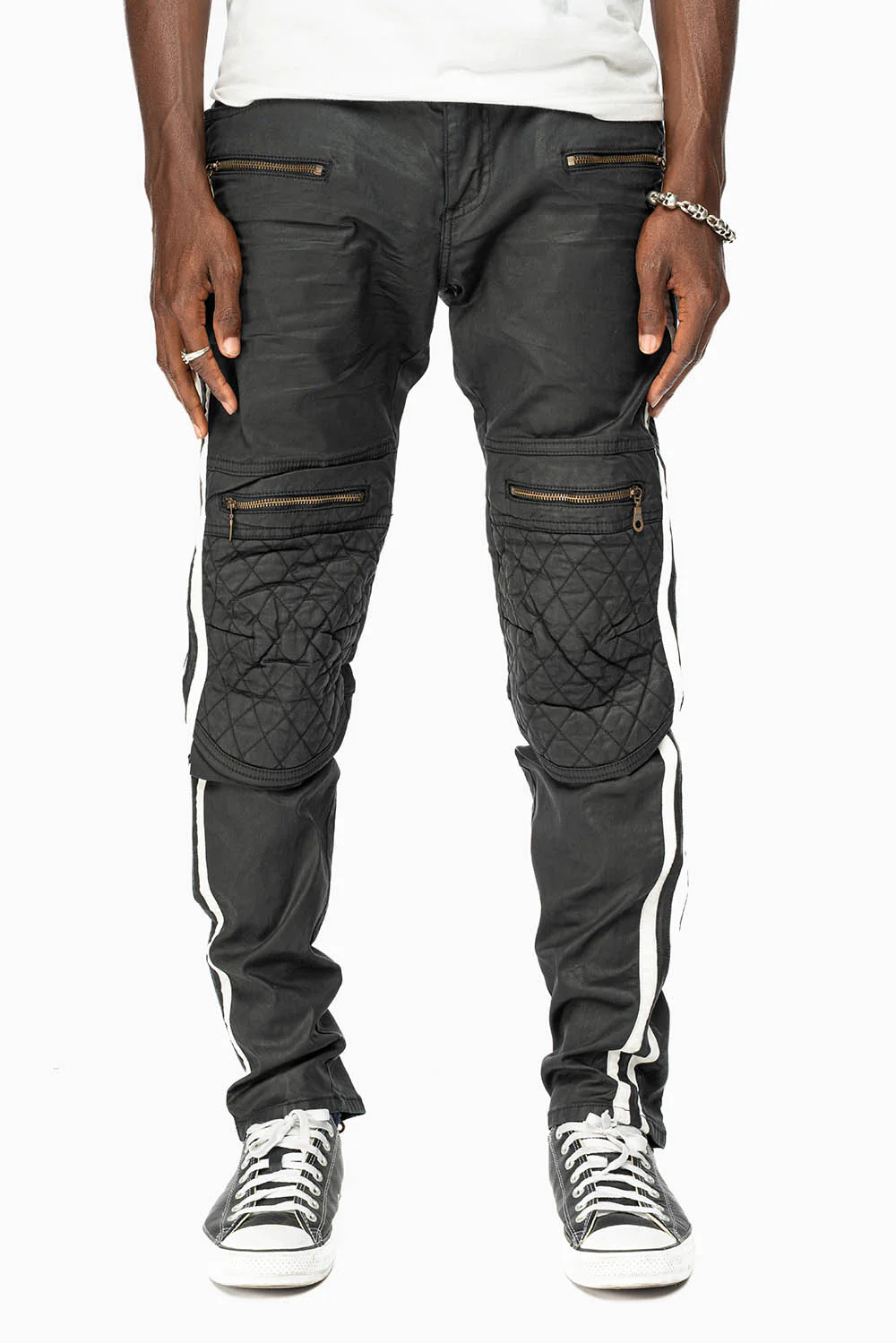 MENS BIKER JEANS IN BLK DY FABRIC  WITH WHITE STRIPES - Image 2