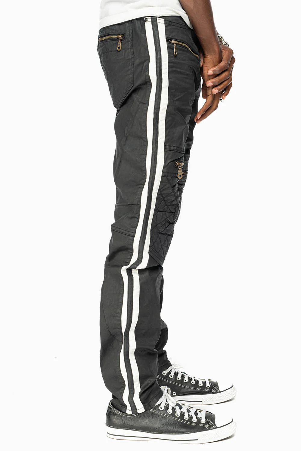 MENS BIKER JEANS IN BLK DY FABRIC  WITH WHITE STRIPES - Image 3