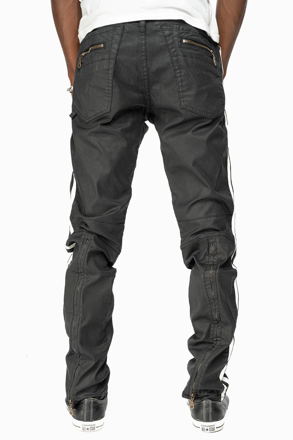 MENS BIKER JEANS IN BLK DY FABRIC  WITH WHITE STRIPES - Image 4