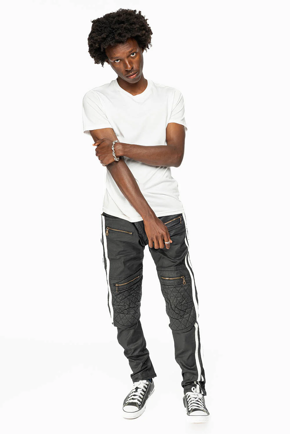 MENS BIKER JEANS IN BLK DY FABRIC  WITH WHITE STRIPES - Image 5