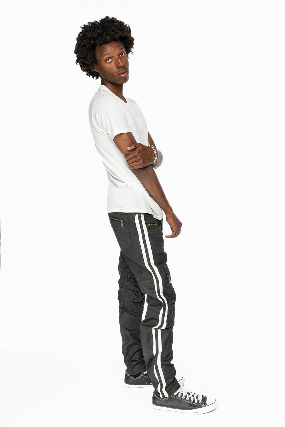 MENS BIKER JEANS IN BLK DY FABRIC  WITH WHITE STRIPES - Image 6