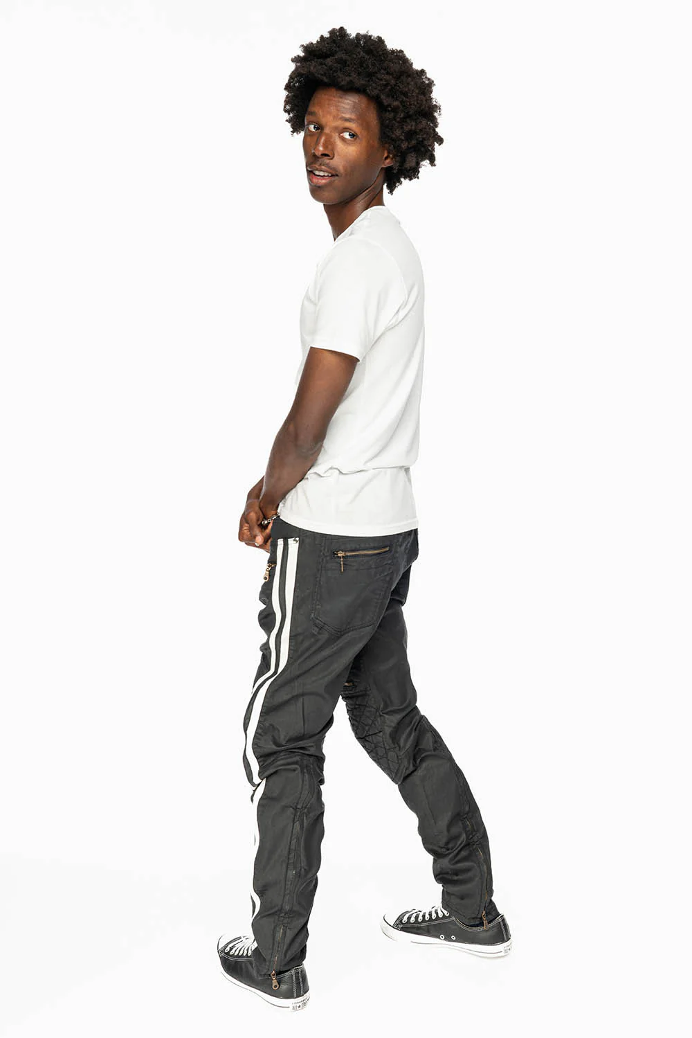 MENS BIKER JEANS IN BLK DY FABRIC  WITH WHITE STRIPES - Image 7