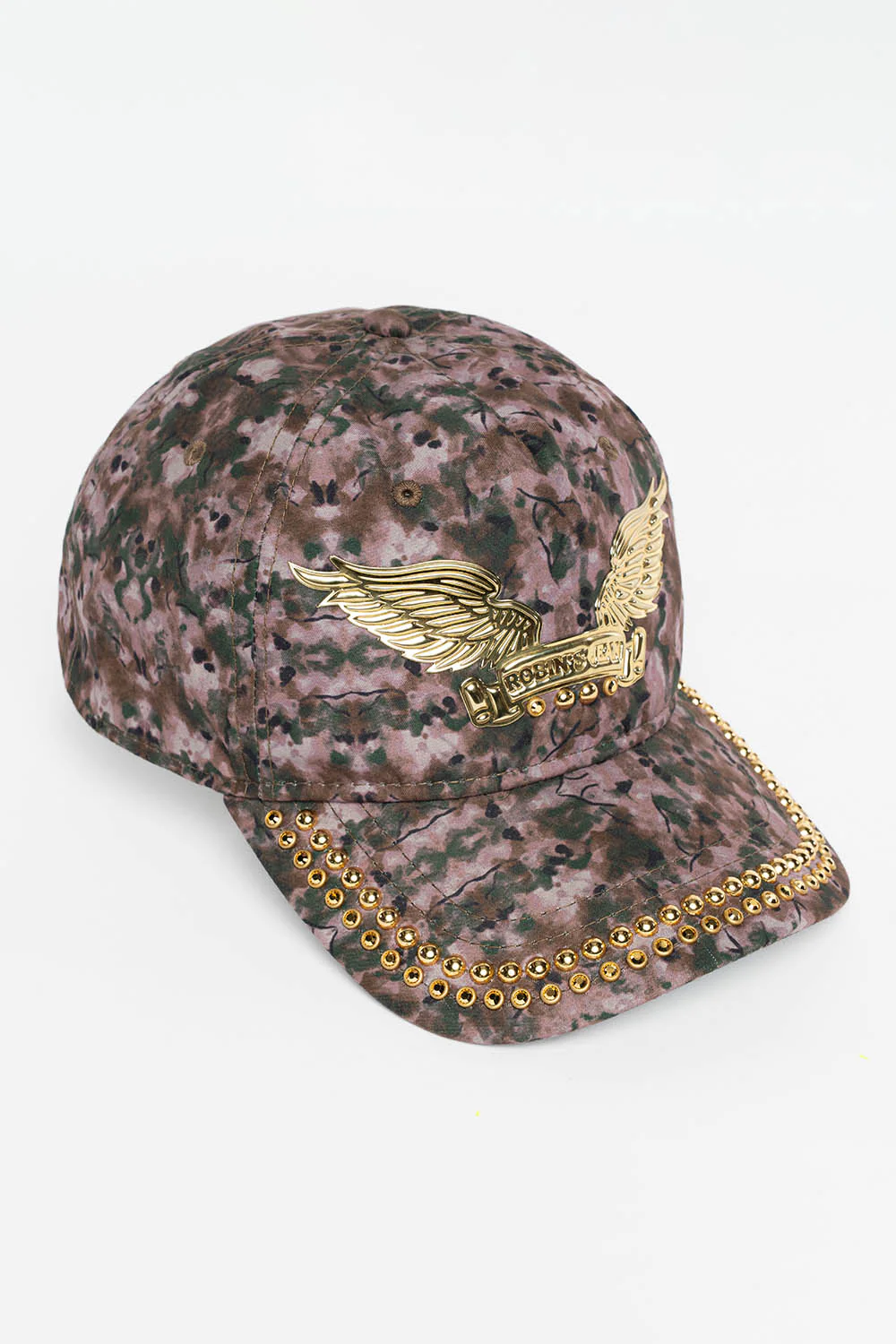 GREEN CAMO SNAPBACK HAT WITH GOLD EMBOSSED WINGS WITH GOLD EMBELLISHMENT - Image 2