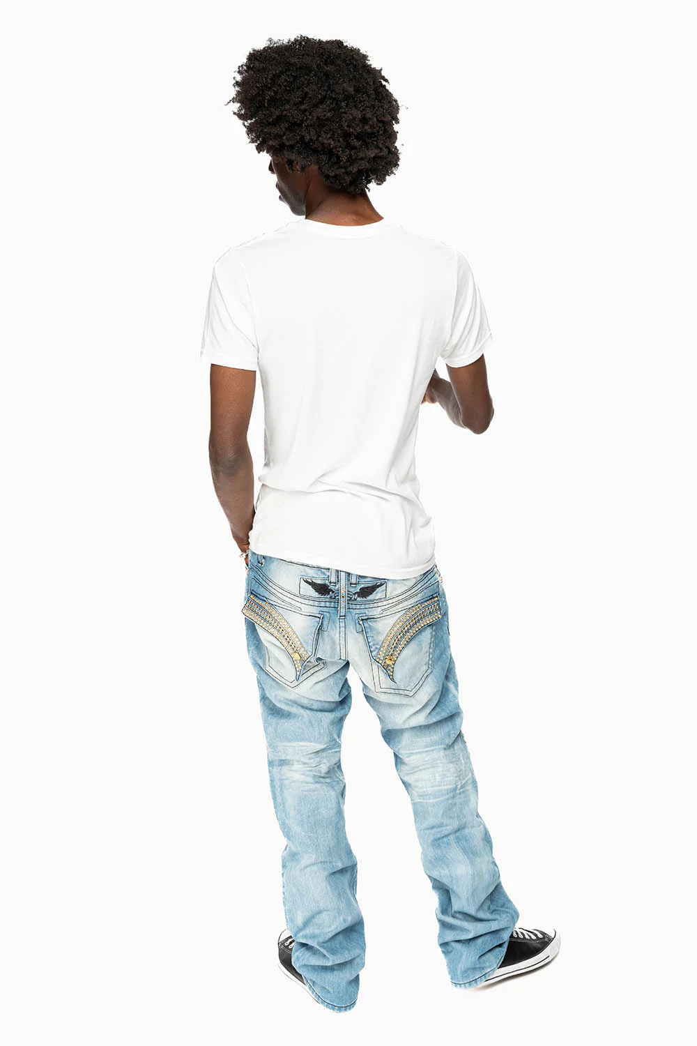 GYPSY STRAIGHT LEG JEANS  REPAIRED EMBELLISHED WITH CRYSTALS IN  5D LIGHT WASH - Image 3