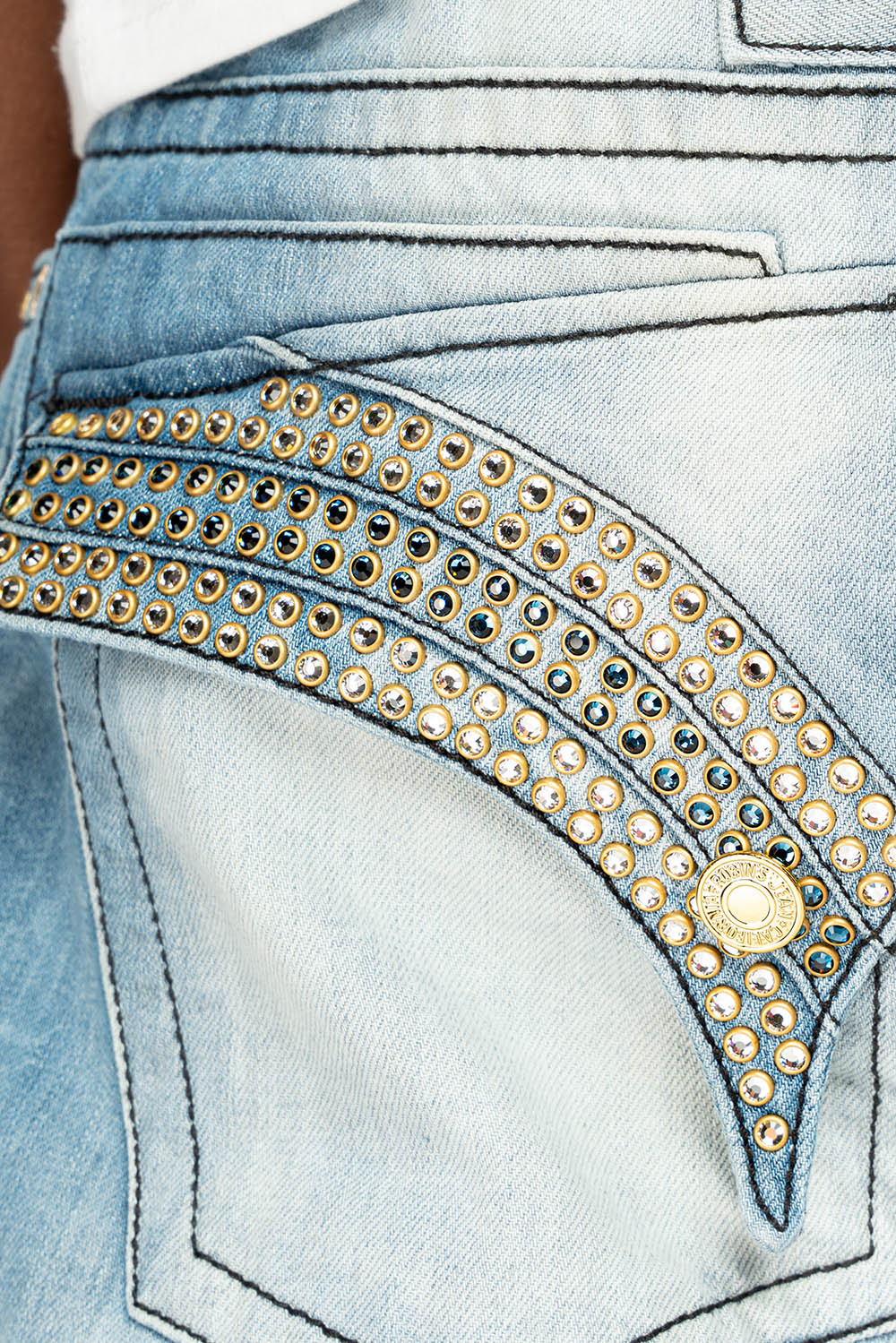 GYPSY STRAIGHT LEG JEANS  REPAIRED EMBELLISHED WITH CRYSTALS IN  5D LIGHT WASH - Image 4