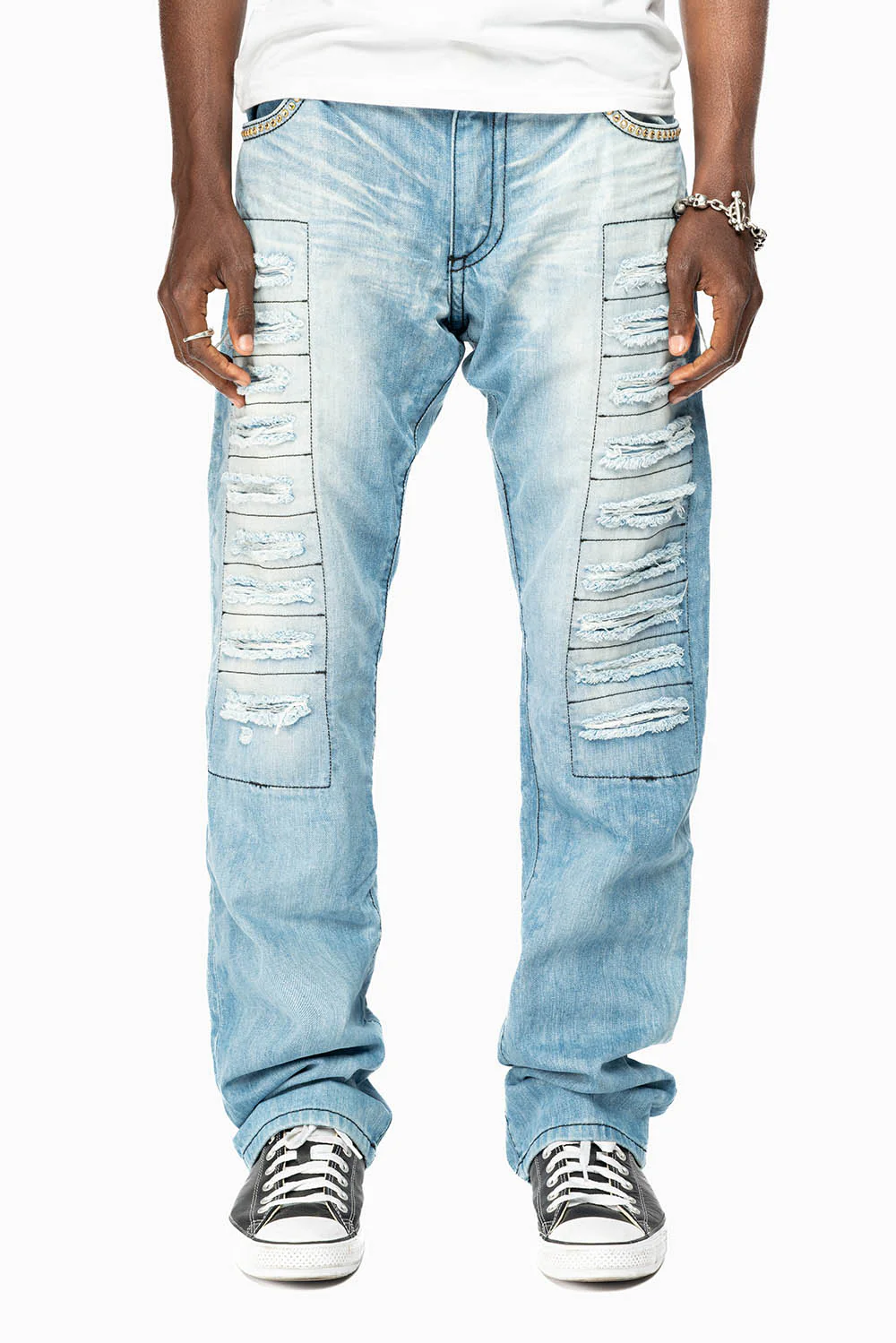 GYPSY STRAIGHT LEG JEANS  REPAIRED EMBELLISHED WITH CRYSTALS IN  5D LIGHT WASH - Image 5