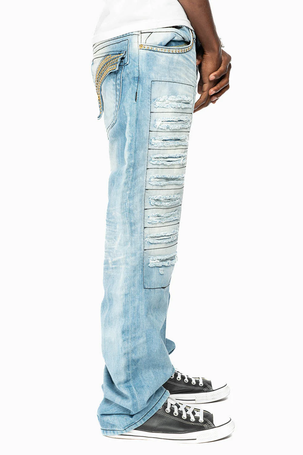 GYPSY STRAIGHT LEG JEANS  REPAIRED EMBELLISHED WITH CRYSTALS IN  5D LIGHT WASH - Image 6