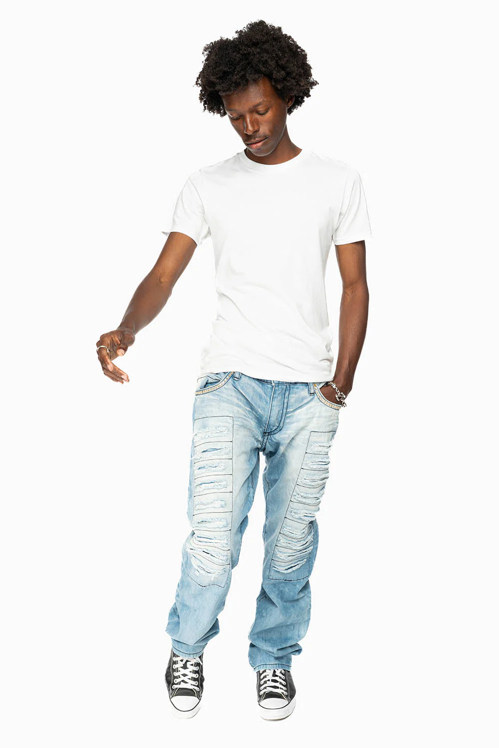 GYPSY STRAIGHT LEG JEANS  REPAIRED EMBELLISHED WITH CRYSTALS IN  5D LIGHT WASH - Image 7