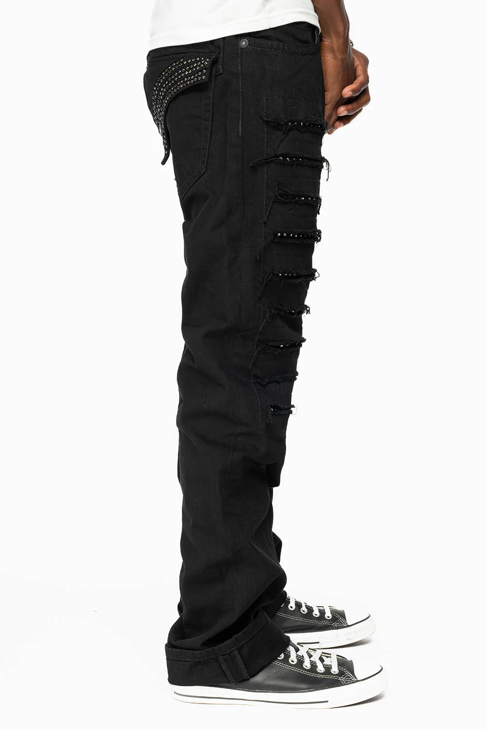 GYPSY REPAIRED STRAIGHT LEG JEANS IN BLK EMBELLISHED WITH CRYSTALS - Image 7